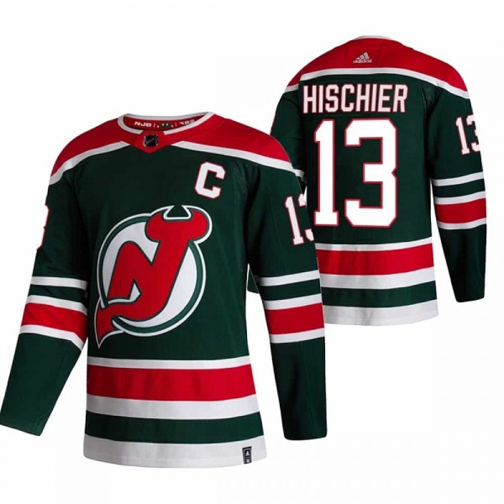 Men’s New Jersey Devils #13 Nico Hischier 2021 Green Reverse Retro Stitched NHL Jersey