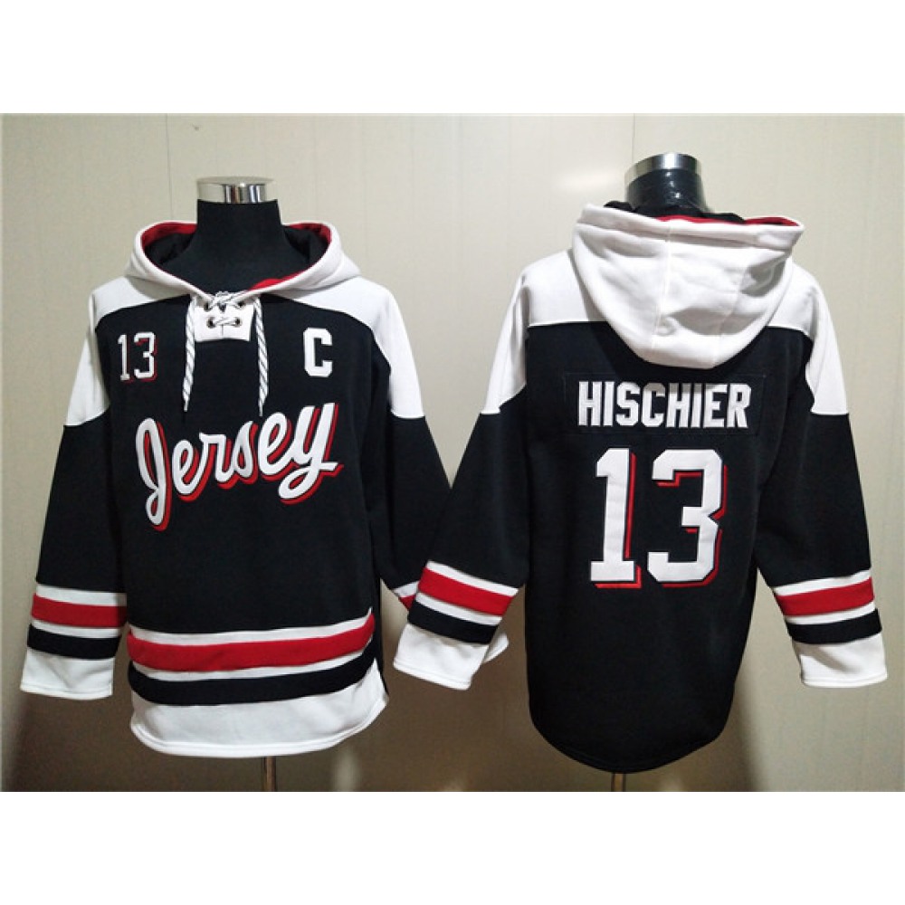 Men’s New Jersey Devils #13 Nico Hischier Black/White Ageless Must-Have Lace-Up Pullover Hoodie