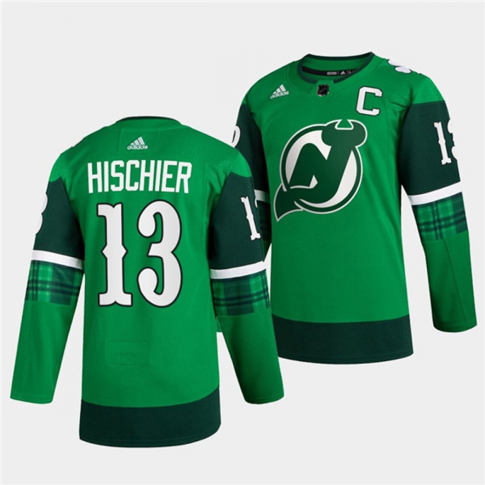 Men’s New Jersey Devils #13 Nico Hischier Green Warm-Up St Patricks Day Stitched Jersey