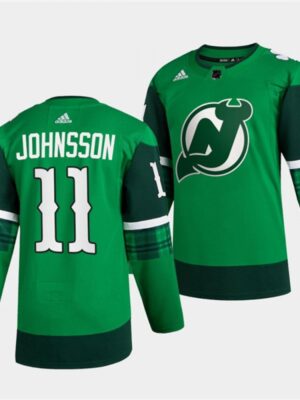Men's New Jersey Devils #11 Andreas Johnsson Green Warm-Up St Patricks Day Stitched Jersey