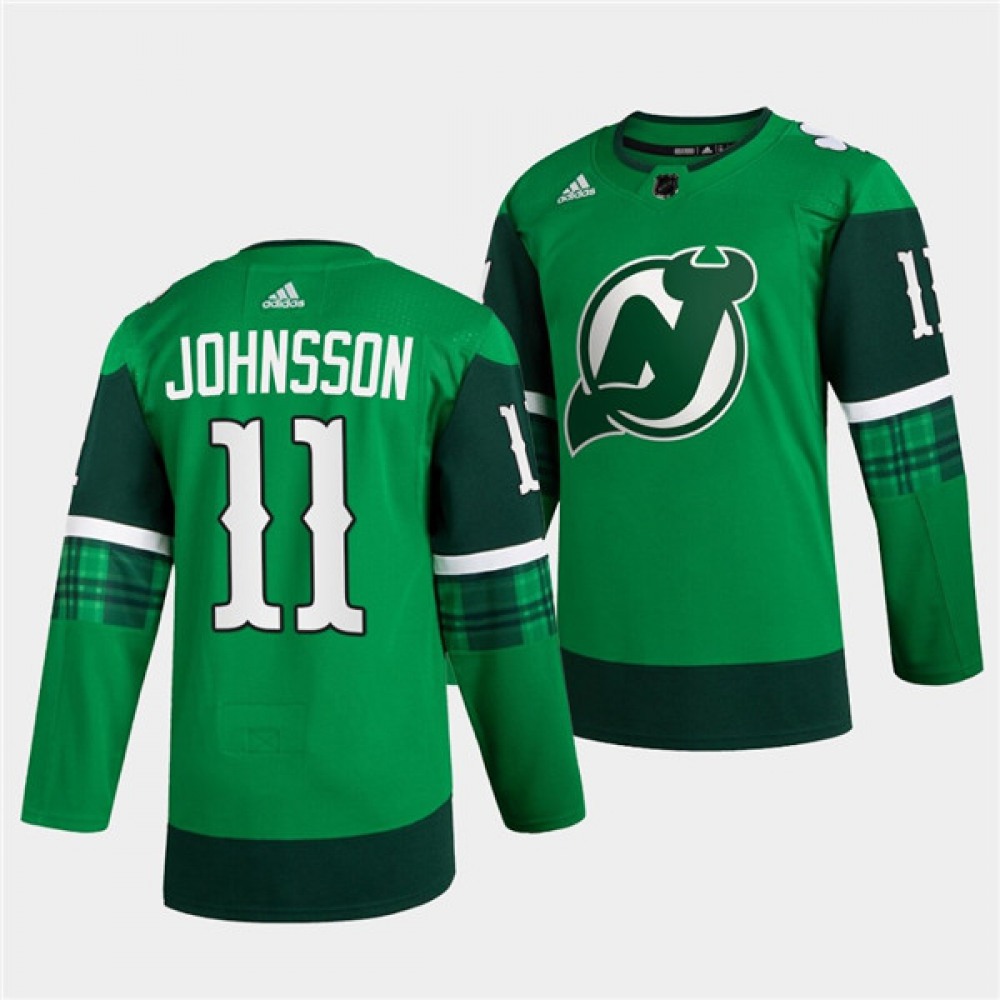Men’s New Jersey Devils #11 Andreas Johnsson Green Warm-Up St Patricks Day Stitched Jersey