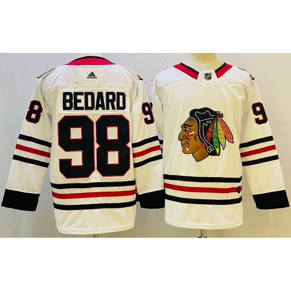 Men’s Chicago Blackhawks #98 Connor Bedard White Black Stitched Jersey