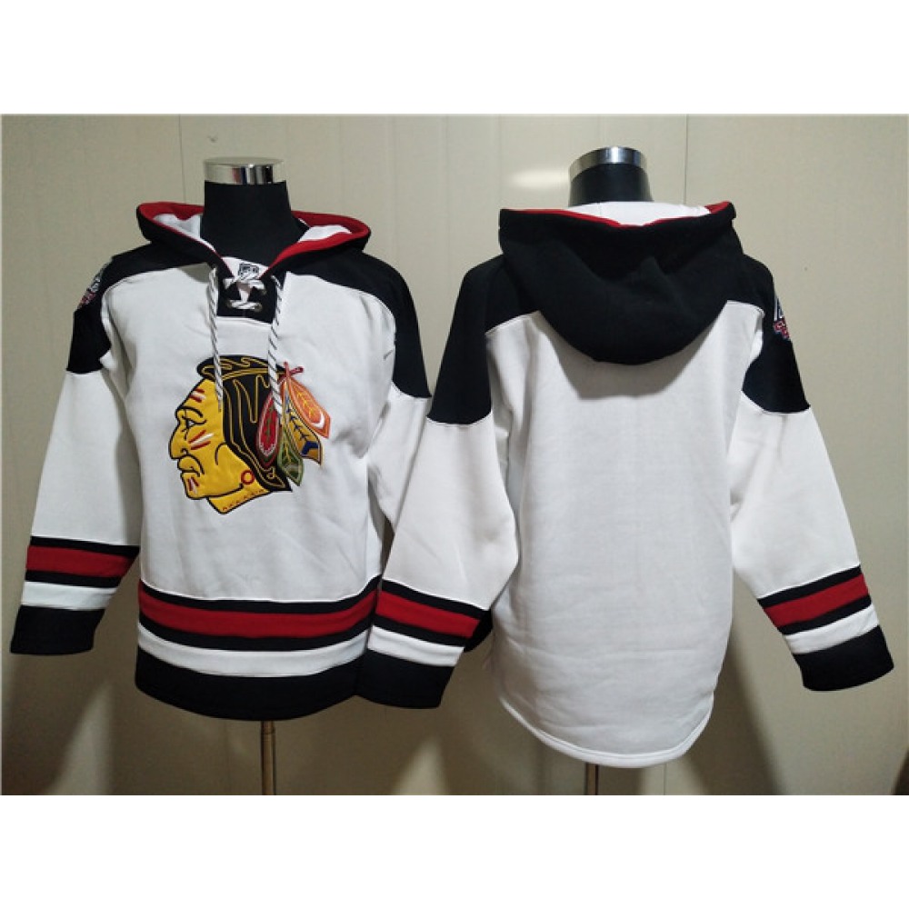 Men’s Chicago Blackhawks Blank White Ageless Must-Have Lace-Up Pullover Hoodie