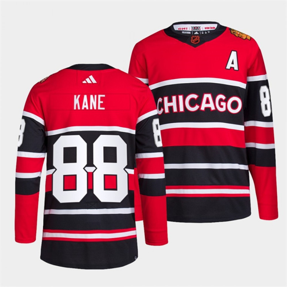 Men’s Chicago Blackhawks #88 Patrick Kane Red Black 2022-23 Reverse Retro Stitched Jersey