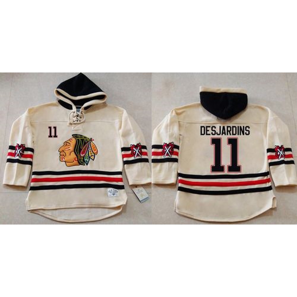 Blackhawks #11 Andrew Desjardins Cream Heavyweight Pullover Hoodie Stitched NHL Jersey