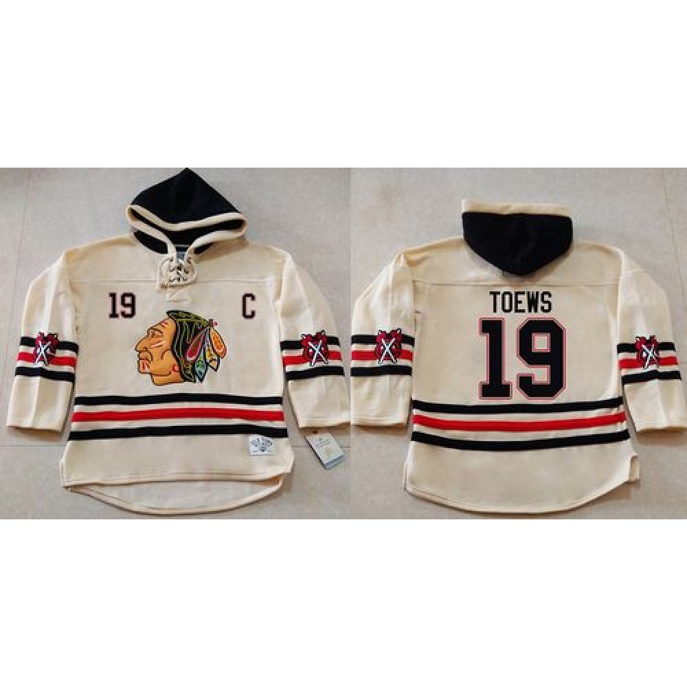 Blackhawks #19 Jonathan Toews Cream Heavyweight Pullover Hoodie Stitched NHL Jersey