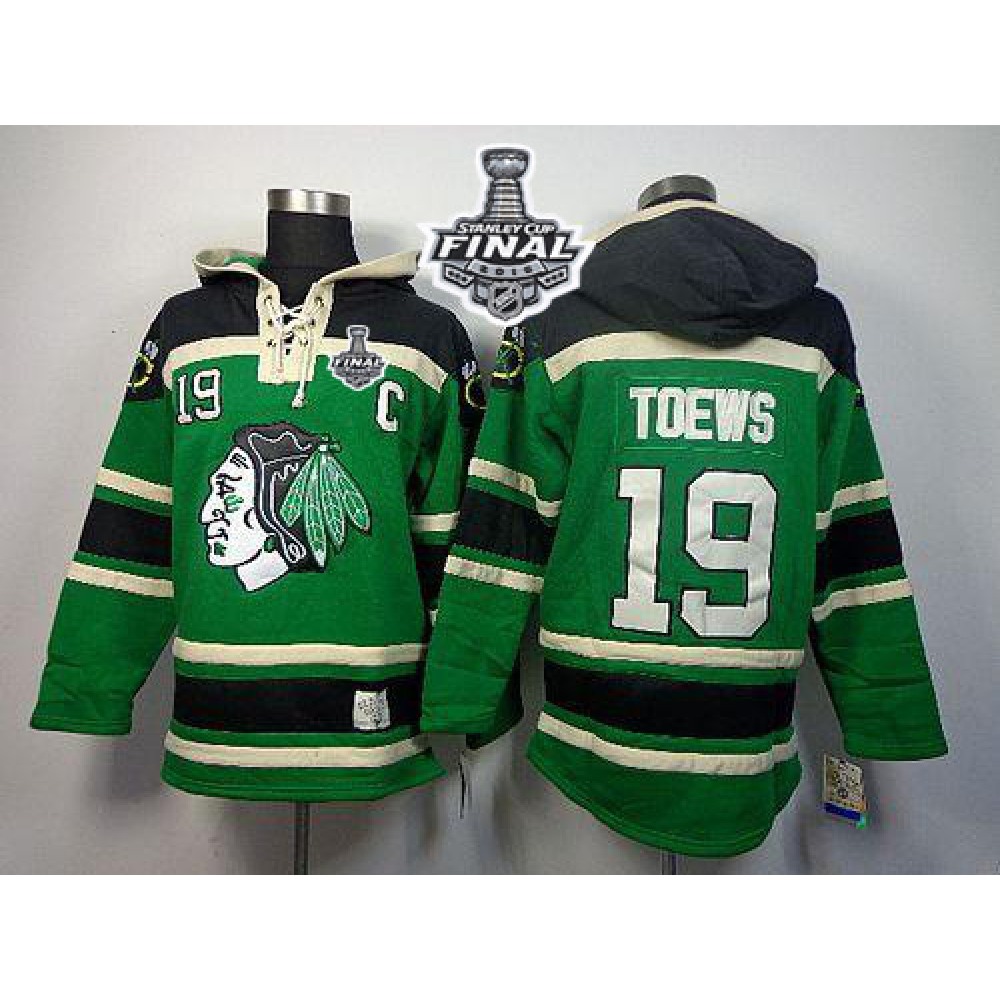 Blackhawks #19 Jonathan Toews Green St. Patrick’s Day McNary Lace Hoodie 2015 Stanley Cup Stitched NHL Jersey