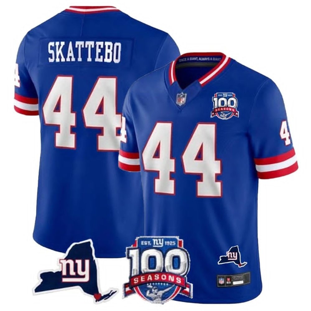 Men’s New York Giants #44 Cam Skattebo Royal Vapor Untouchable Classic Retired Player 100TH Season Commemorative Patch Stitched Jersey