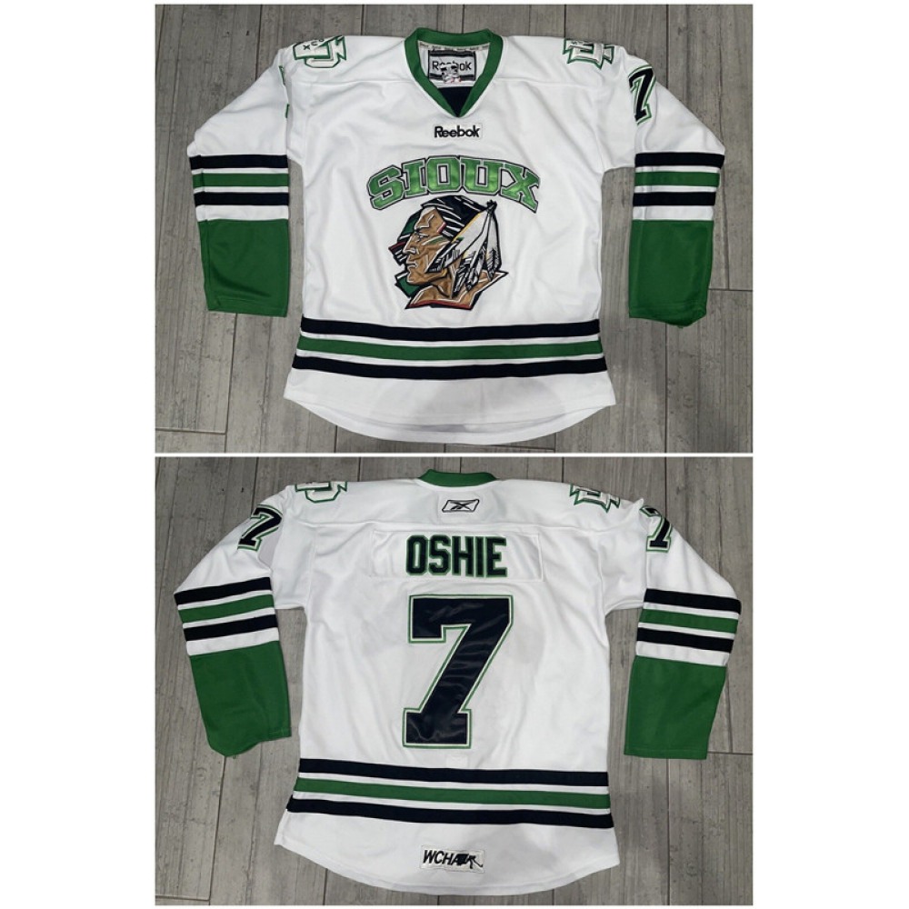 Men’s North Dakota Fighting Sioux #7 T.J Oshie White Stitched Jersey