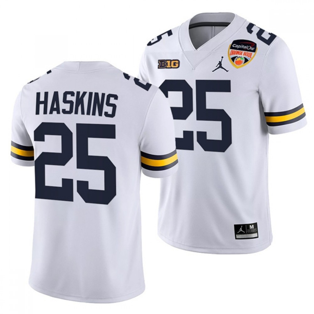 Men’s Michigan Wolverines #25 Hassan Haskins White Stitched Football Jersey