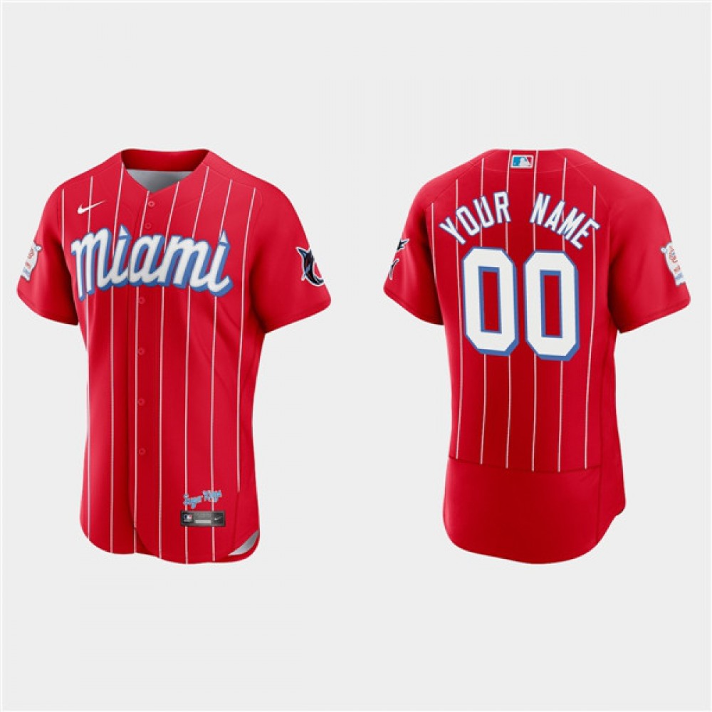 Men’s Miami Marlins Customized Red 2021 City Connect Replica Flex Base Stitched MLB Jersey