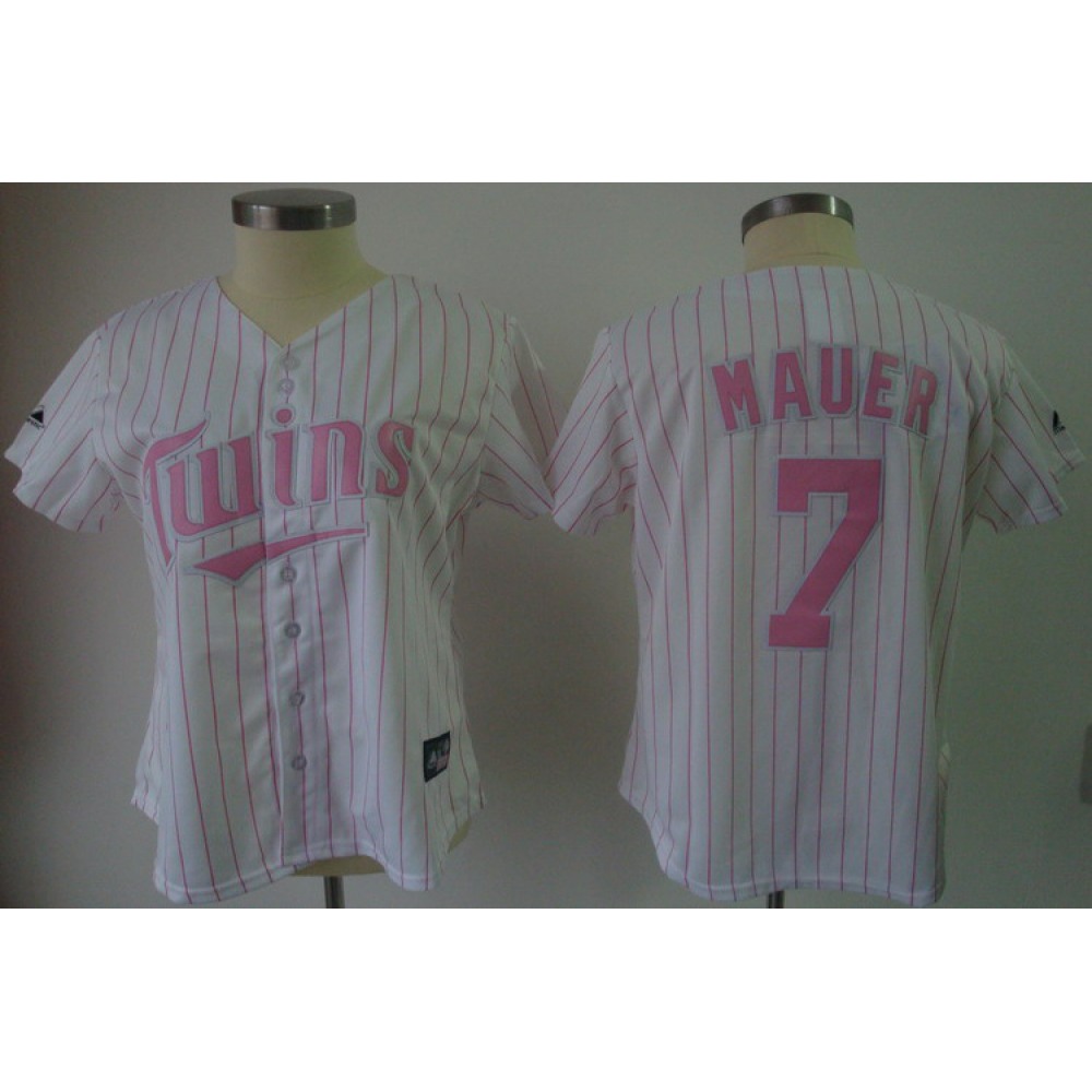 Twins #7 Joe Mauer White Pink Strip Women’s Fashion Stitched MLB Jersey