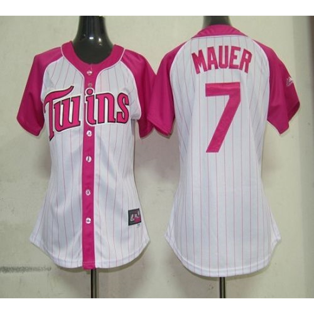 Twins #7 Joe Mauer White/Pink Women’s Splash Fashion Stitched MLB Jersey