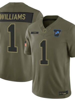 Youth's Detroit Lions #1 Jameson Williams Nike Olive 2025 Salute to Service Retired Limited Jersey