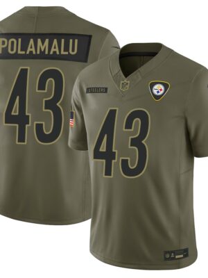 Youth's Pittsburgh Steelers #43 Troy Polamalu Nike Olive 2025 Salute to Service Retired Limited Jersey