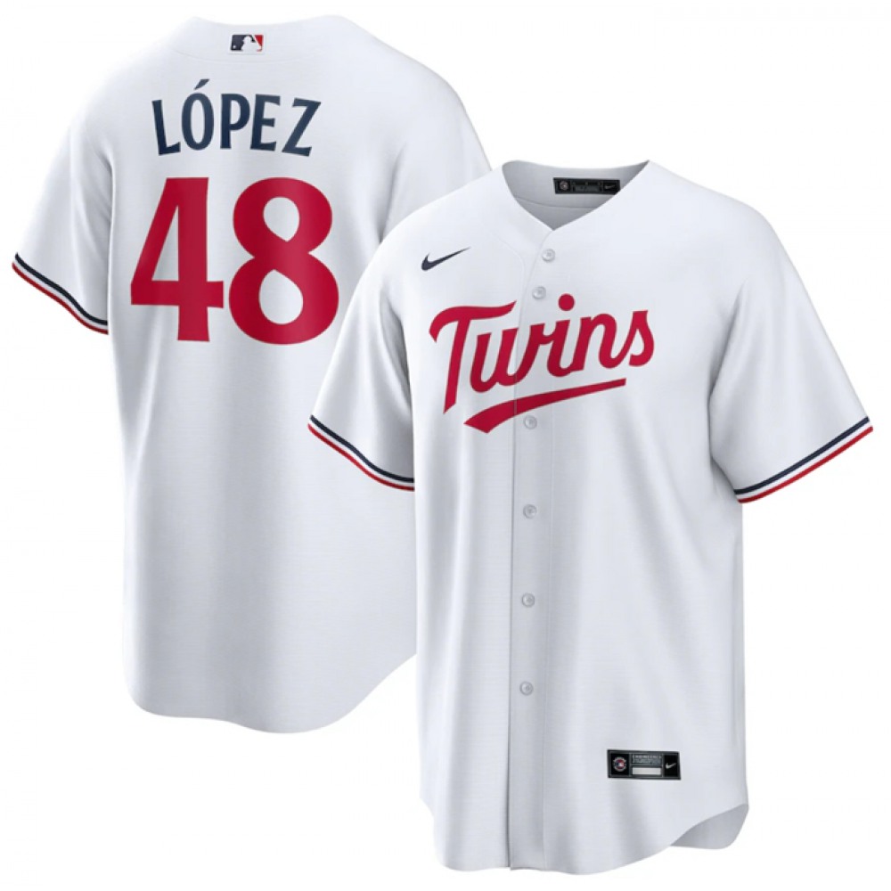 Men’s Minnesota Twins #48 Jorge Lopez White Cool Base Stitched Jersey