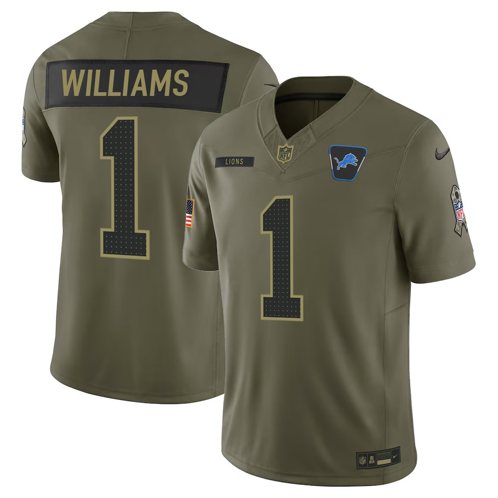 Men’s Detroit Lions #1 Jameson Williams Nike Olive 2025 Salute to Service Retired Limited Jersey