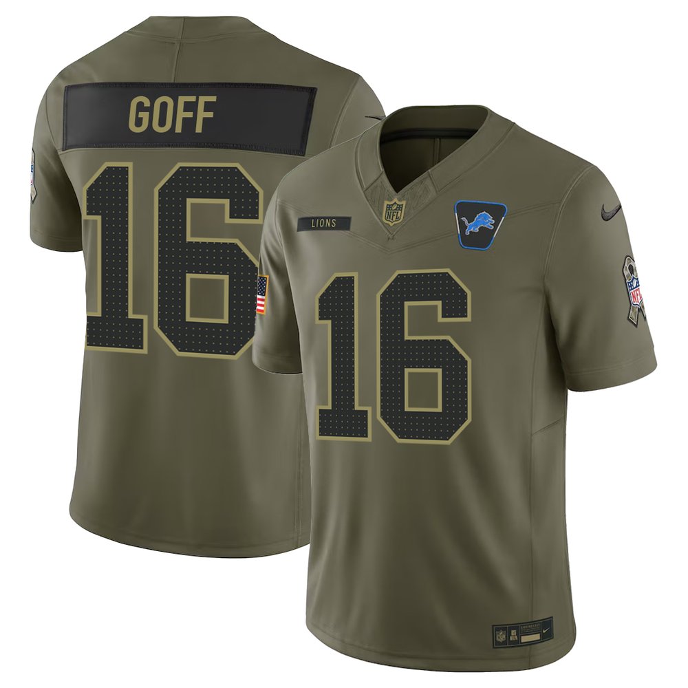Men’s Detroit Lions #16 Jared Goff Nike Olive 2025 Salute to Service Retired Limited Jersey