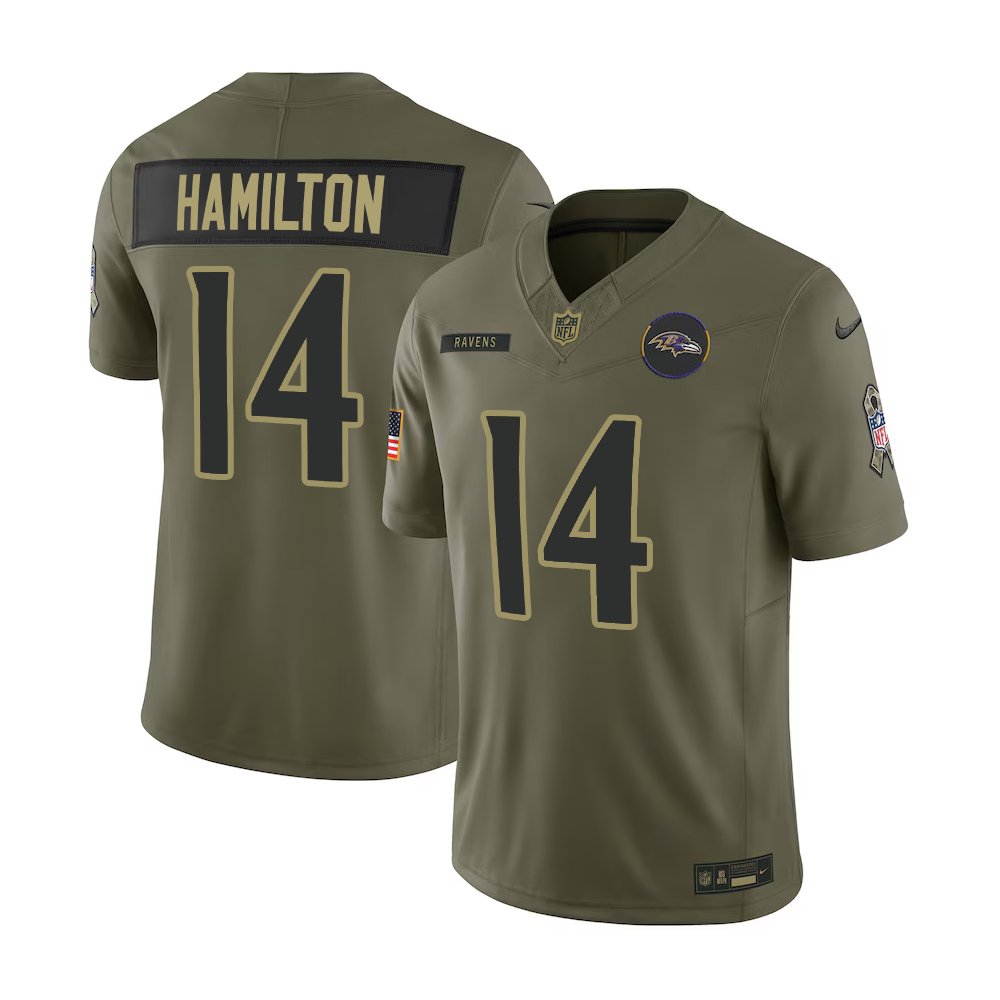 Men’s Baltimore Ravens #14 Kyle Hamilton Nike Olive 2025 Salute to Service Retired Limited Jersey