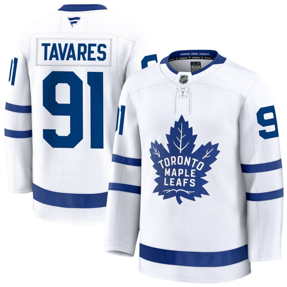 Men’s Toronto Maple Leafs #91 John Tavares White Away Premium Player Jersey