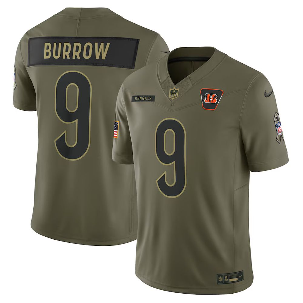 Men’s Cincinnati Bengals #9 Joe Burrow Nike Olive 2025 Salute to Service Limited Jersey