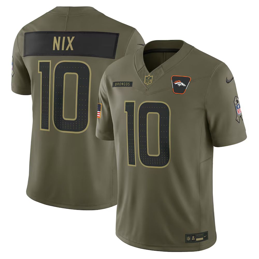 Men’s Denver Broncos #10 Bo Nix Nike Olive 2025 Salute to Service Limited Jersey