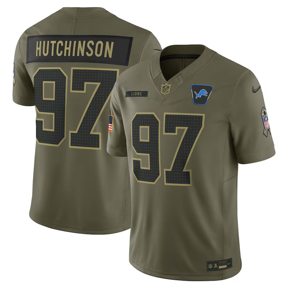 Men’s Detroit Lions #97 Aidan Hutchinson Nike Olive 2025 Salute to Service Limited Jersey