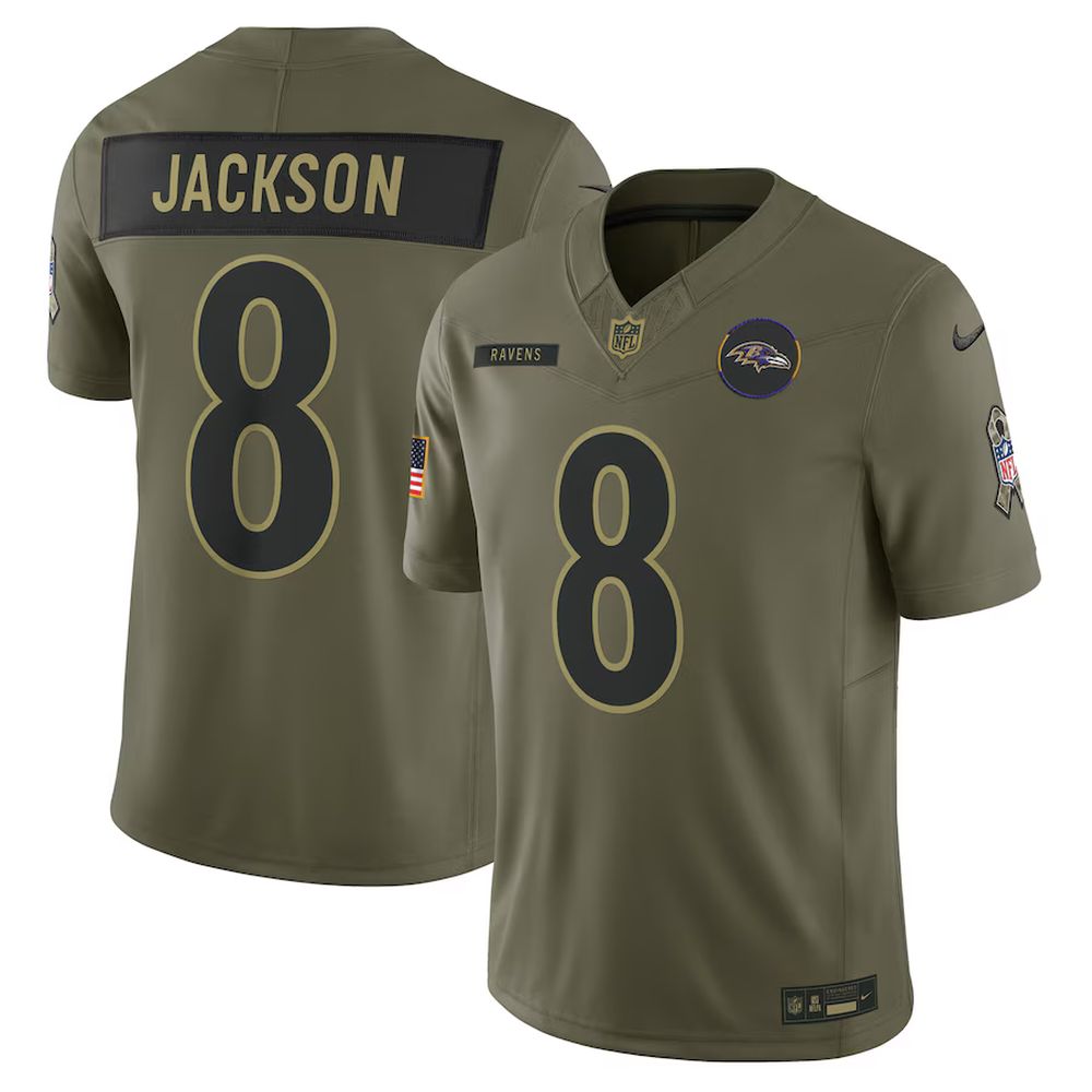 Men’s Baltimore Ravens #8 Lamar Jackson Nike Olive 2025 Salute to Service Limited Jersey