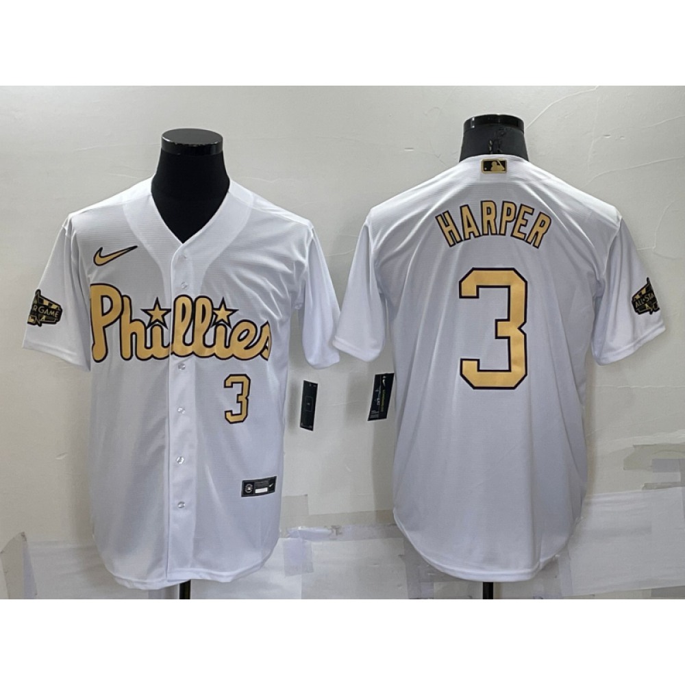 Men’s Philadelphia Phillies #3 Bryce Harper 2022 All-Star White Cool Base Stitched Baseball Jersey