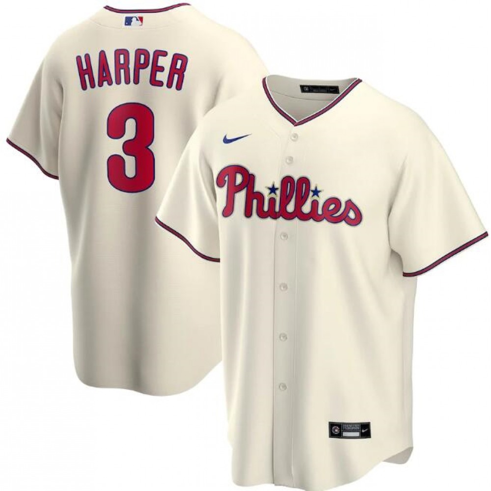 Men’s Philadelphia Phillies #3 Bryce Harper Cream Cool Base Stitched Jersey