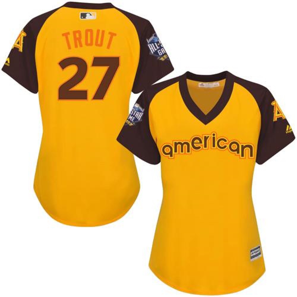 Angels #27 Mike Trout Gold 2016 All-Star American League Women’s Stitched MLB Jersey