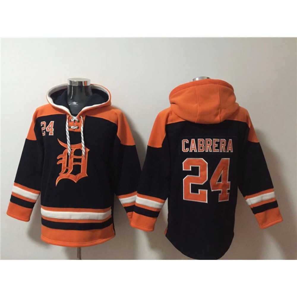 Men’s Detroit Tigers #24 Miguel Cabrera Black/Orange Lace-Up Pullover Hoodie