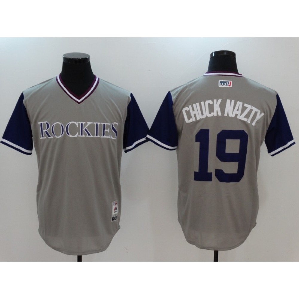 Men’s Colorado Rockies #19 Charlie Blackmon “Chuck Nazty” Grey Stitched Jersey
