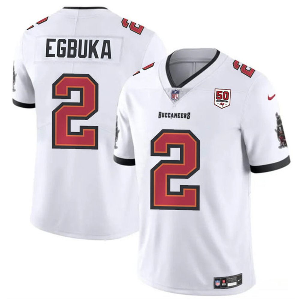 Men’s Tampa Bay Buccaneers #2 Emeka Egbuka White 50th Anniversary Patch Vapor Untouchable Limited Stitched Football Jersey