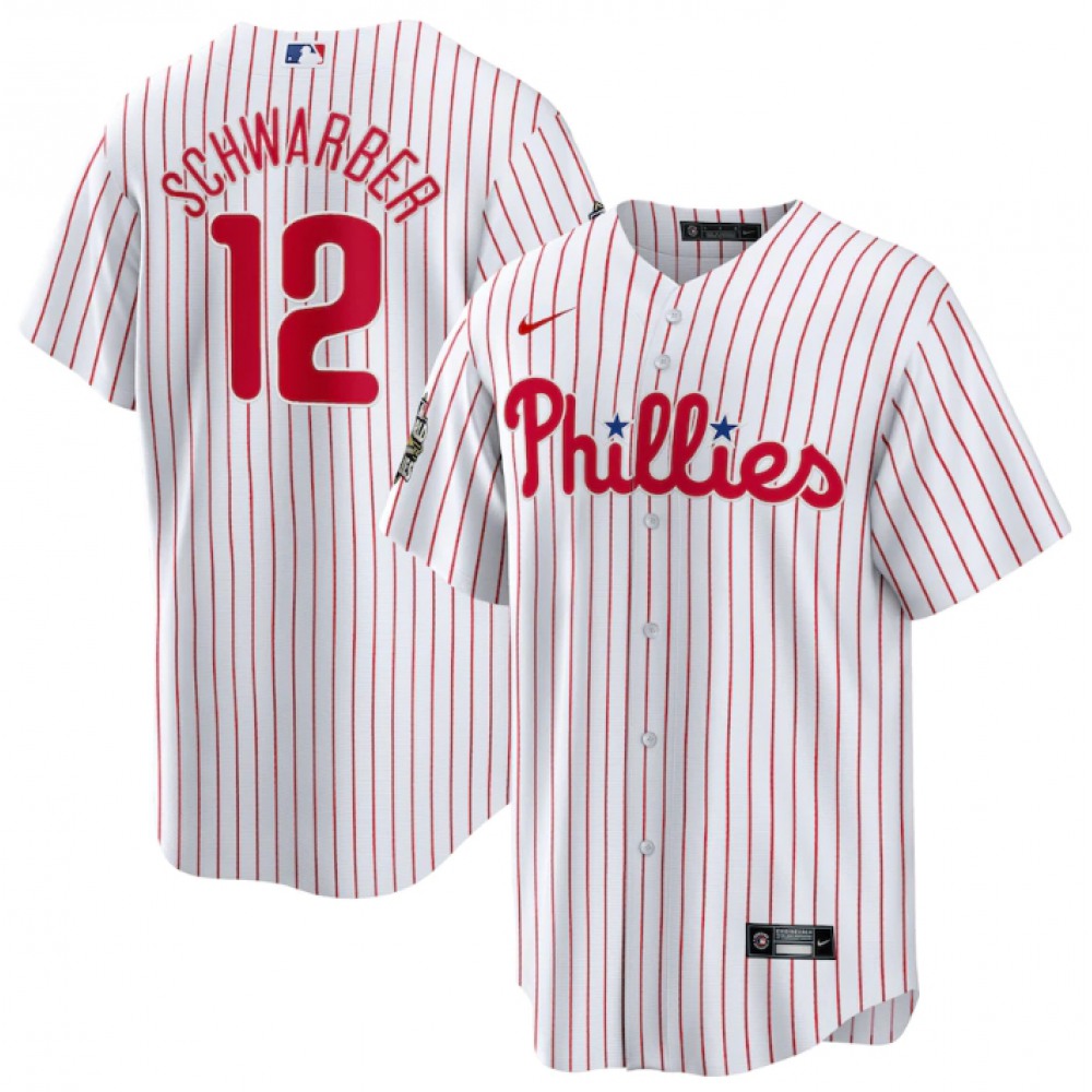 Men’s Philadelphia Phillies #12 Kyle Schwarber White 2022 World Series Cool Base Stitched Baseball Jersey