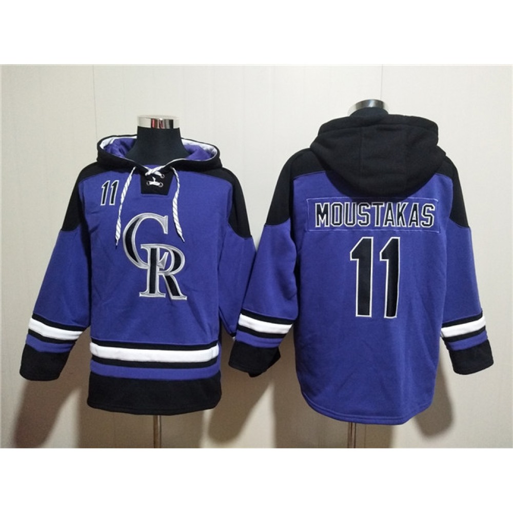Men’s Colorado Rockies #11 Mike Moustakas Purple Ageless Must-Have Lace-Up Pullover Hoodie