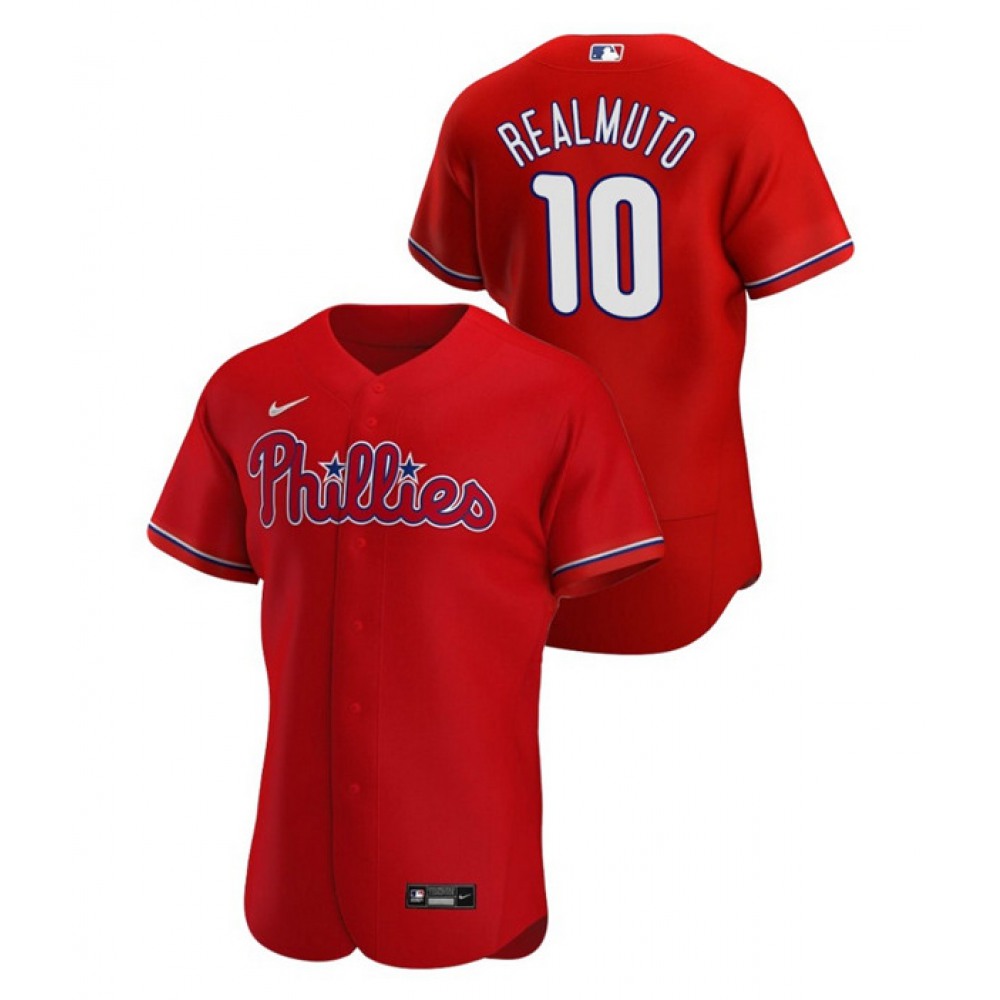 Men’s Philadelphia Phillies #10 J.T. Realmuto Red Flex Base Stitched MLB Jersey