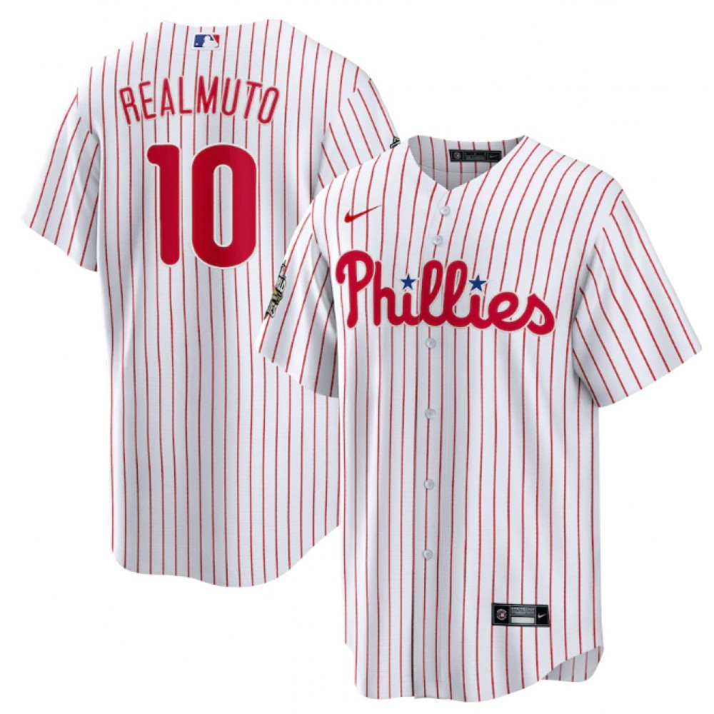 Men’s Philadelphia Phillies #10 J.T. Realmuto White 2022 World Series Cool Base Stitched Baseball Jersey