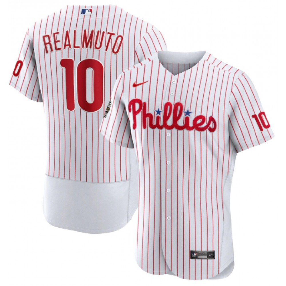 Men’s Philadelphia Phillies #10 J.T. Realmuto White 2022 World Series Flex Base Stitched Baseball Jersey