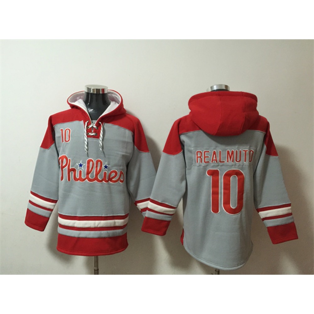 Men’s Philadelphia Phillies #10 J.T. Realmuto Grey/Red Ageless Must-Have Lace-Up Pullover Hoodie