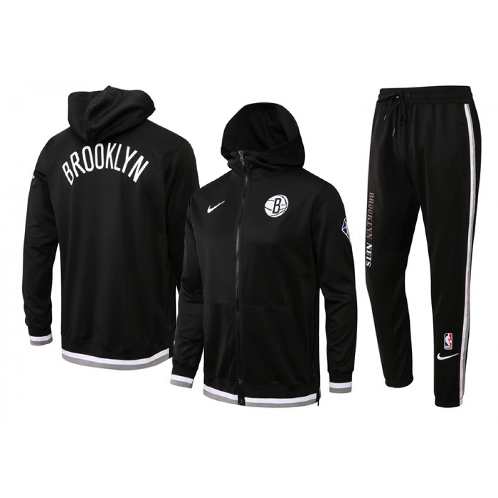 Men’s Brooklyn Nets 75th Anniversary Black Performance Showtime Full-Zip Hoodie Jacket And Pants Suit