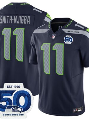 Men's Seattle Seahawks #11 Jaxon Smith-Njigba Navy 2025 F.U.S.E. 50th Anniversary Patch Vapor Untouchable Limited Stitched Football Jersey