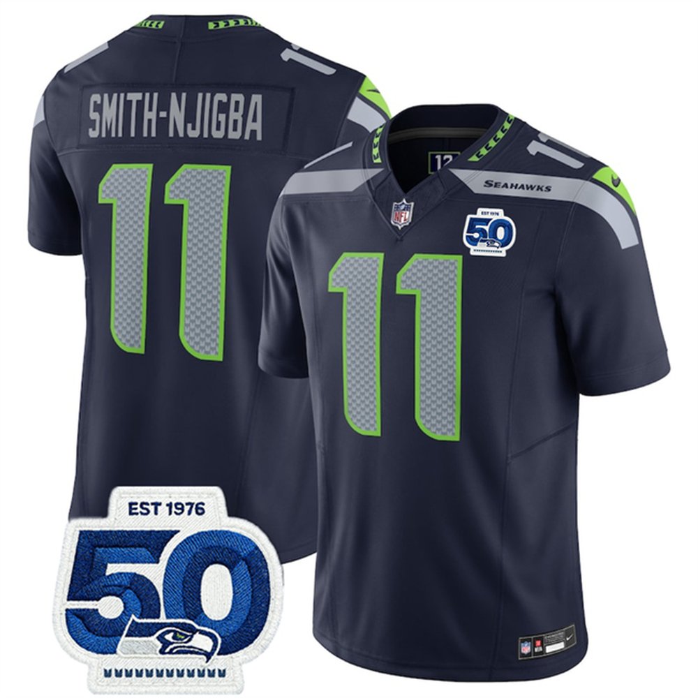 Men’s Seattle Seahawks #11 Jaxon Smith-Njigba Navy 2025 F.U.S.E. 50th Anniversary Patch Vapor Untouchable Limited Stitched Football Jersey