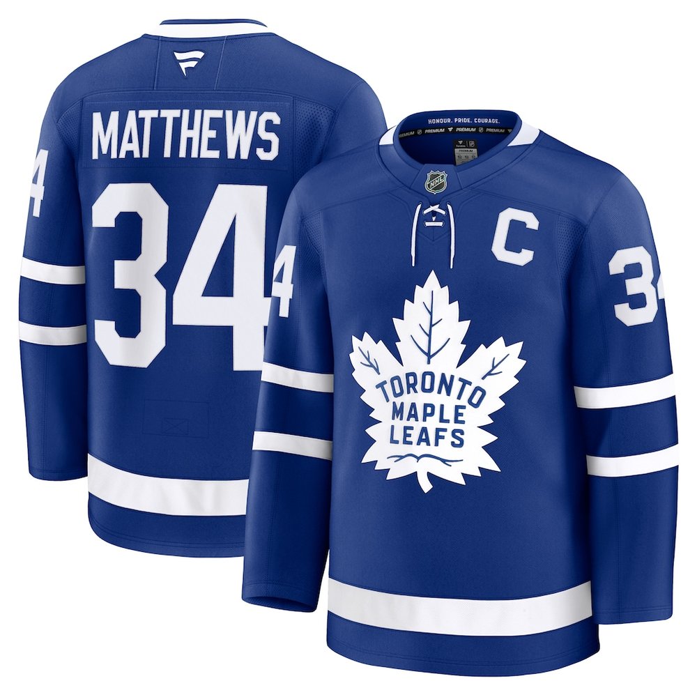 Men’s Toronto Maple Leafs #34 Auston Matthews Blue Captain Patch Home Premium Jersey
