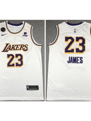 Men's Los Angeles Lakers #23 LeBron James "bibigo" White With KB Patch Stitched Jersey