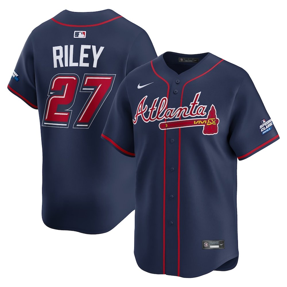 Men’s Atlanta Braves #27 Austin Riley Nike Navy 2025 MLB Speedway Classic Alternate Limited Player Jersey