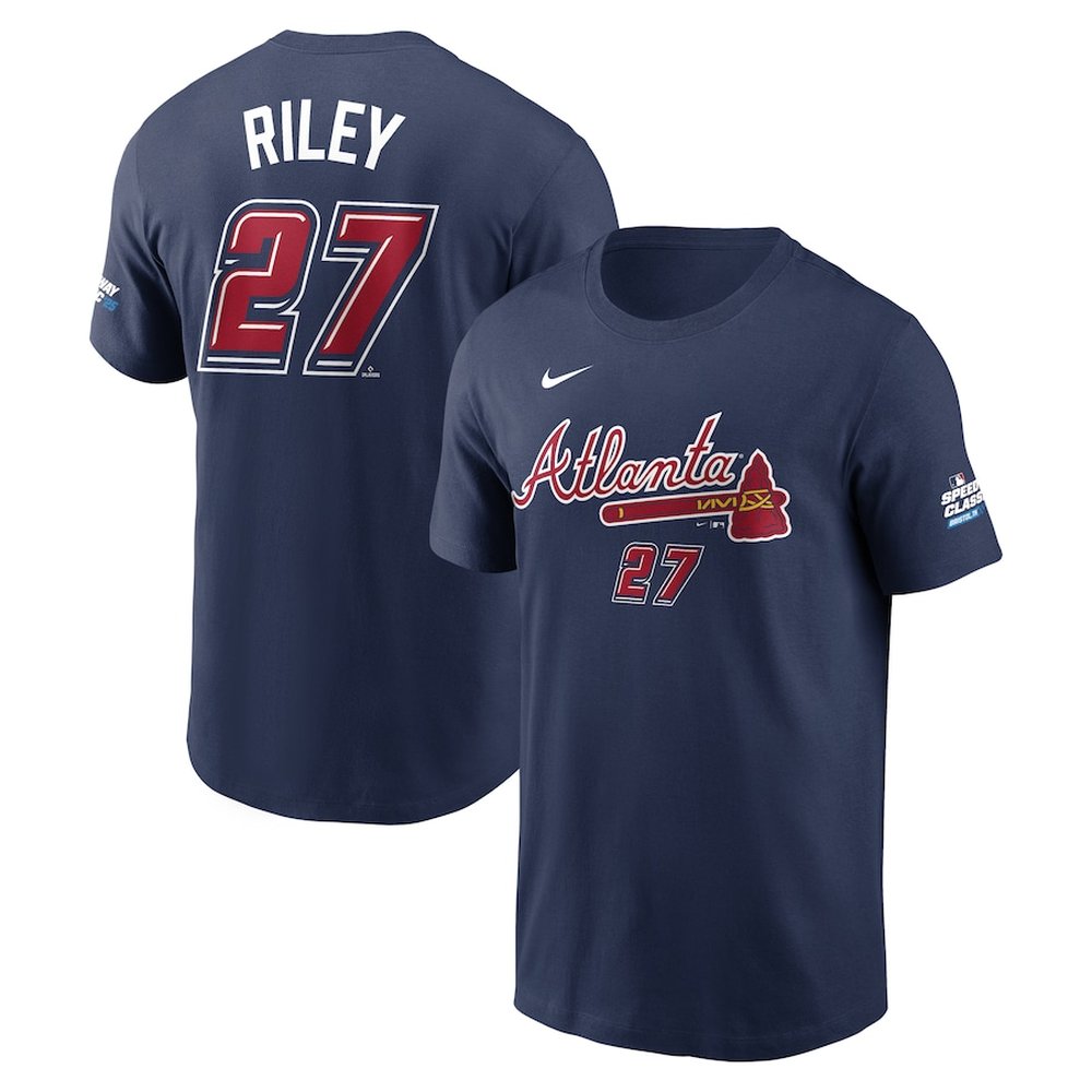 Men’s Atlanta Braves #27 Austin Riley Nike Navy 2025 MLB Speedway Classic Name & Number T-Shirt