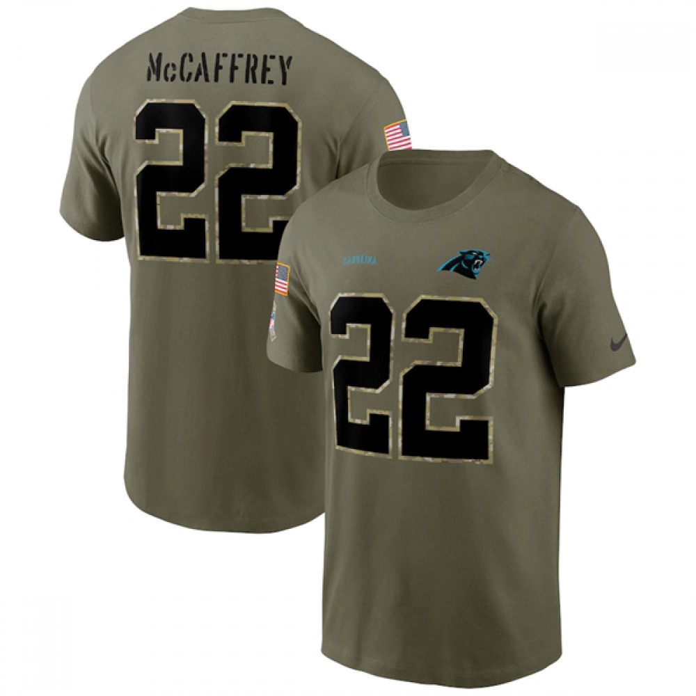 Men’s Carolina Panthers #22 Christian McCaffrey 2022 Olive Salute to Service T-Shirt