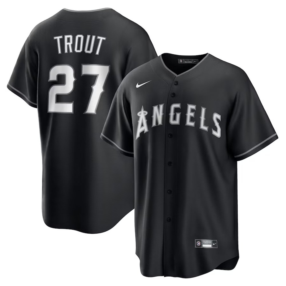 Youth Los Angeles Angels #27 Mike Trout Nike Black Lights Out Replica Player Jersey