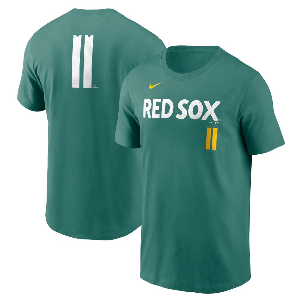Men’s Boston Red Sox #11 Rafael Devers Nike Green 2025 City Connect Fuse Name & Number T-Shirt
